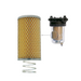 The Gespasa Box Diesel Treatment System by Gespasa is a cylindrical yellow air filter with metal mesh and a removable spring, shown beside a diagram of it installed in a transparent filter housing with black cap for fuel contamination prevention.