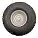 The Scintex Wheel - STBFS350, a black rubber replacement wheel with rugged tread and white metal rim, lies flat on concrete. Safety warnings and size info are printed on the sidewall, ideal for paddock fertiliser spreaders.