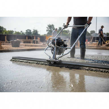 A worker uses a Paddock Honda Surface Finishing Screed to smooth freshly poured concrete at a construction site, with other concreting equipment, workers, and building frames visible in the background.