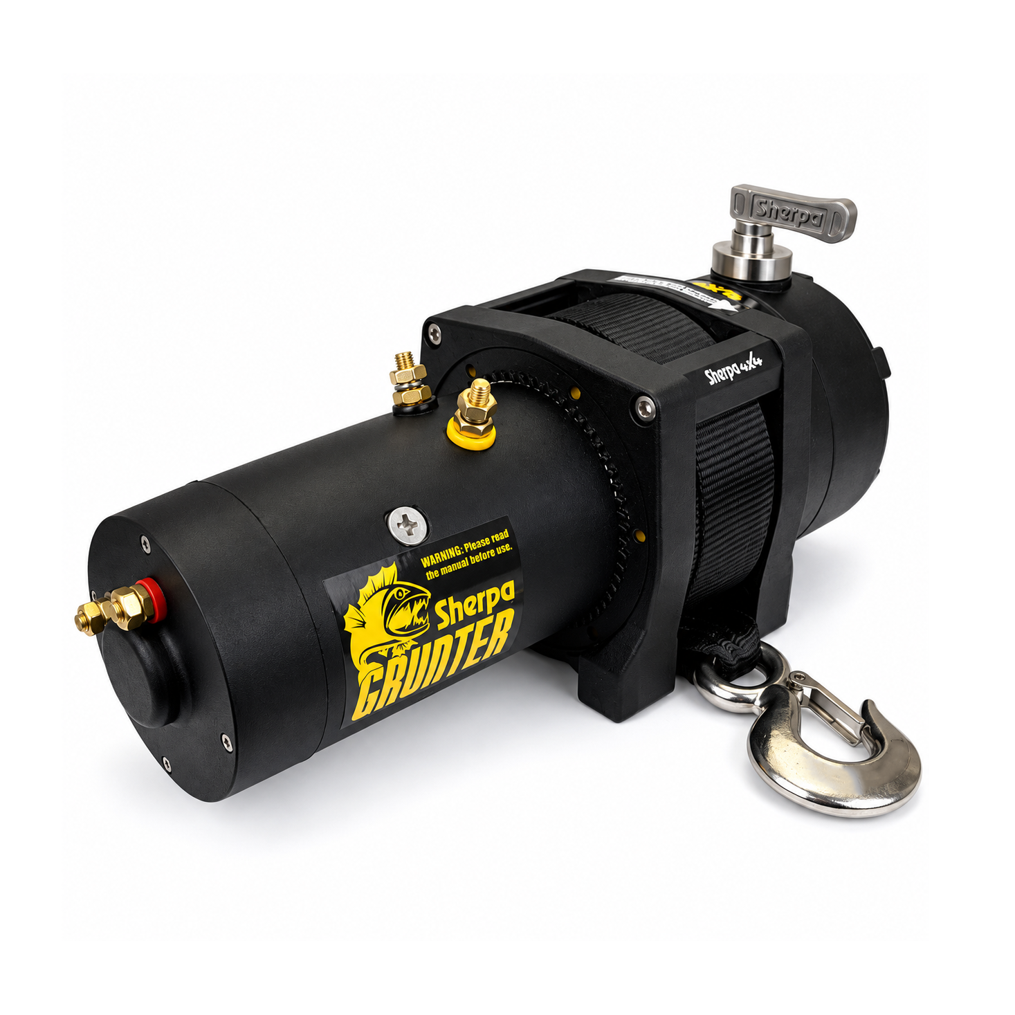The Sherpa 4x4 Black Edition ‘Grunter’ Electric Boat Trailer Winch by Sherpa 4x4, featuring a black finish with yellow branding, a metal hook, and steel cable, is displayed on a white background. Engineered for vehicle recovery and off-road use, this versatile winch also excels as an electric boat winch or a heavy-duty boat trailer winch.