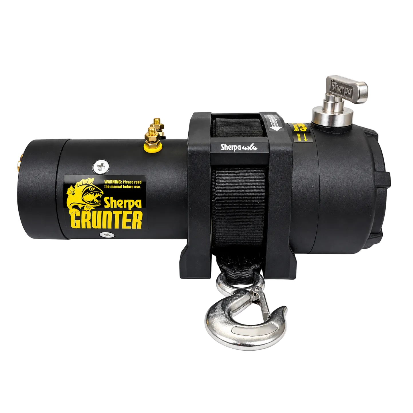 The Sherpa 4x4 Black Edition ‘Grunter’ Electric Boat Trailer Winch, featuring a sturdy metal hook, control knob, and a bold logo with a yellow fish and striking yellow text on a sleek black finish, is pictured against a white background. Expertly engineered by Sherpa 4x4 for unmatched reliability and strength, this winch is the perfect companion for your next adventure.