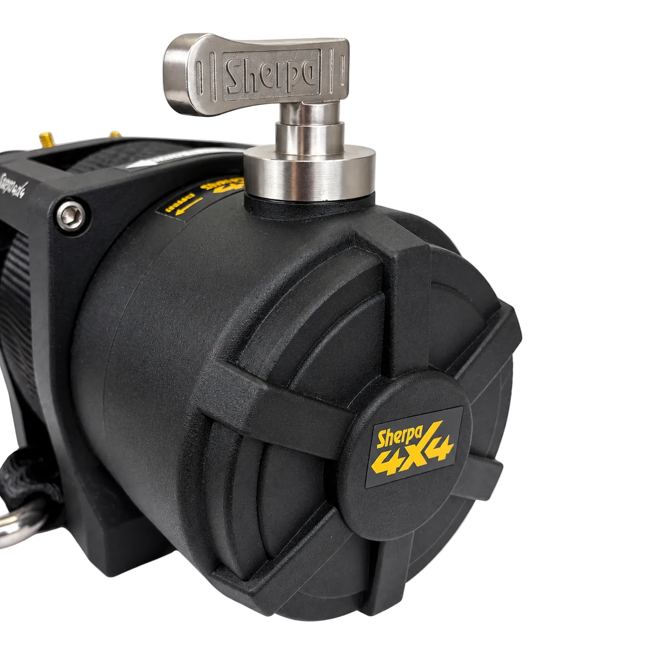 Close-up of a Sherpa 4x4 Black Edition ‘Grunter’ Electric Boat Trailer Winch, featuring a black motor with a metal lever on top and yellow Sherpa 4x4 branding on the front cover. This versatile winch is designed for reliable off-road vehicle recovery and is often used as a trailer winch.