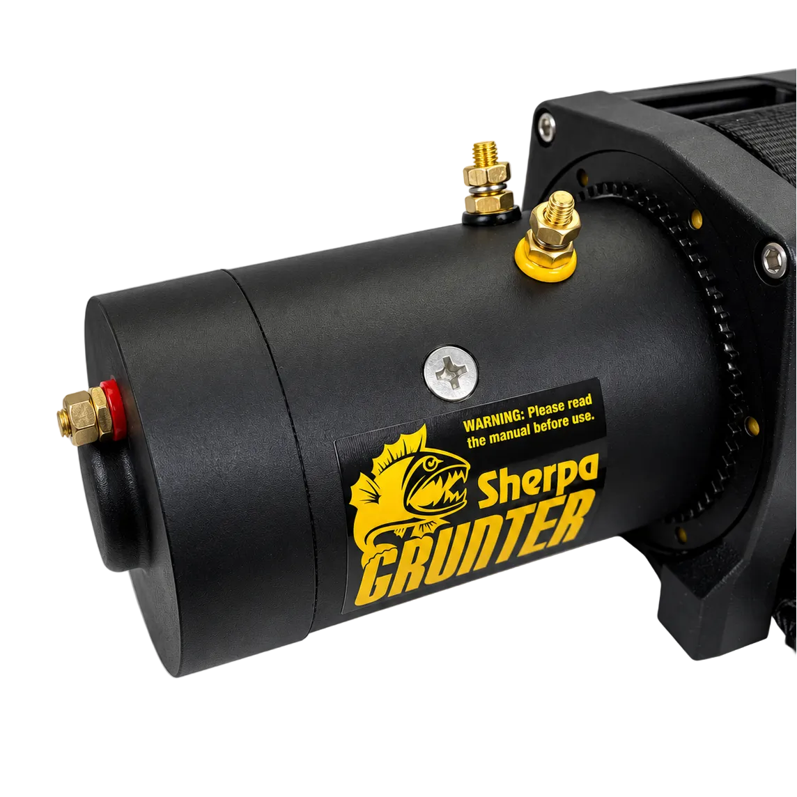 Close-up of the Sherpa 4x4 Black Edition ‘Grunter’ Electric Boat Trailer Winch motor, featuring a yellow logo and warning label, with visible connection terminals and metallic fittings on the housing—an essential component for any Sherpa 4x4 or boat trailer winch setup.