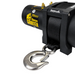 Close-up of a Sherpa 4x4 Black Edition ‘Grunter’ Electric Boat Trailer Winch, featuring a metal hook attached to a black strap, set against a white background.