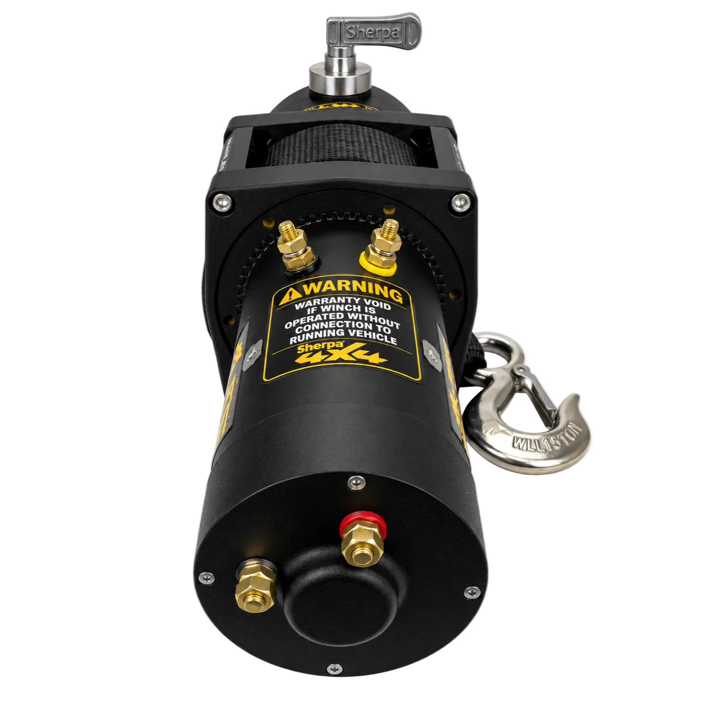 A Sherpa 4x4 Black Edition ‘Grunter’ Electric Boat Trailer Winch featuring yellow warning labels, brass connectors, a metal hook marked with “SHERPA,” and a locking knob on top is shown against a white background.