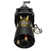 A Sherpa 4x4 Black Edition ‘Grunter’ Electric Boat Trailer Winch featuring yellow warning labels, brass connectors, a metal hook marked with “SHERPA,” and a locking knob on top is shown against a white background.
