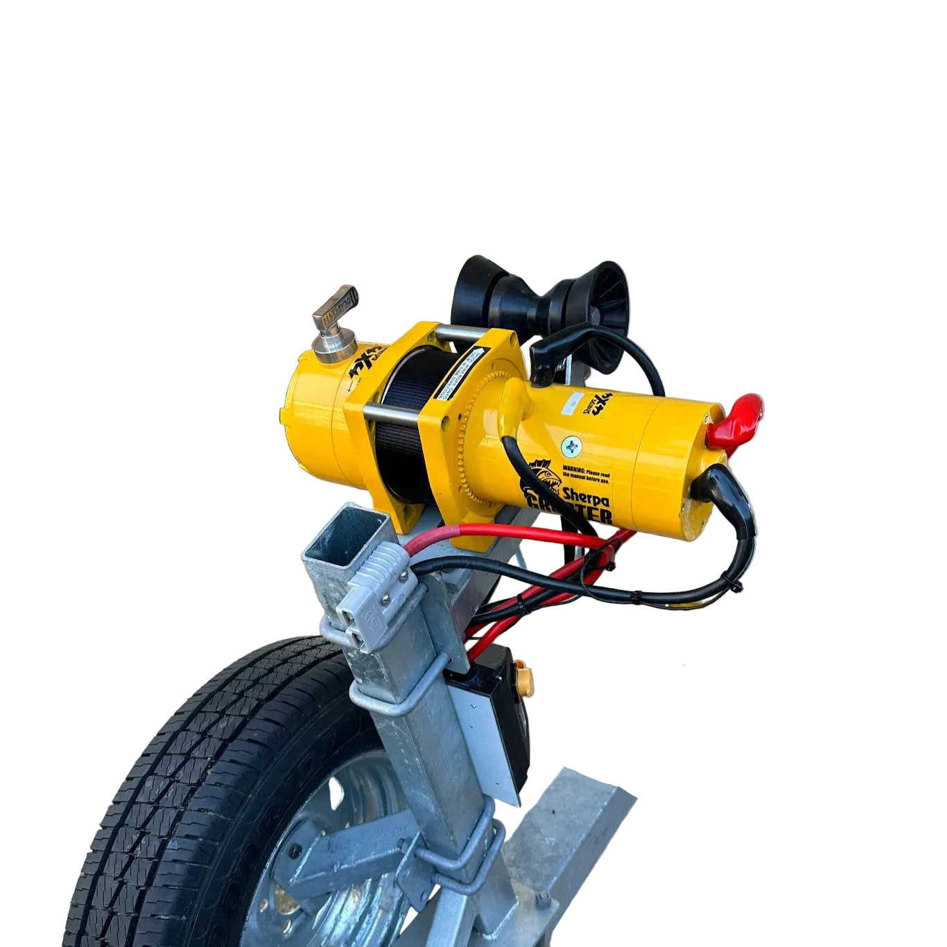 Sherpa 4x4 Black Edition ‘Grunter’ Electric Boat Trailer Winch by Sherpa 4x4, featuring a robust metal wheel assembly, black handle, cables, control switches, and a trailer winch—all displayed against a white background.