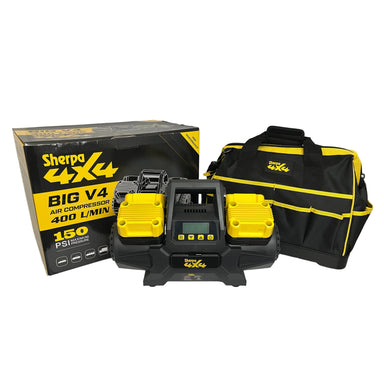 Sherpa 4x4 'BIG V4' Air Compressor (400 L/min) with Pre-set Pressure Control System features a yellow and black design. Shown with matching carrying bag and box—ideal for off-road tyre inflation (max 150 PSI).