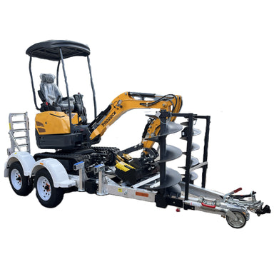 A Paddock Mini Loader & Excavator Alloy Equipment Trailer by Paddock carries a yellow mini excavator with auger, securely loaded and ready for transport, set against a white background.