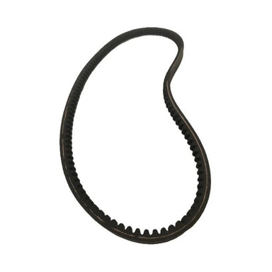 A Scintex black toothed drive belt for a Tow Behind Flail Mower is elegantly displayed in a loop shape against a pristine white background.