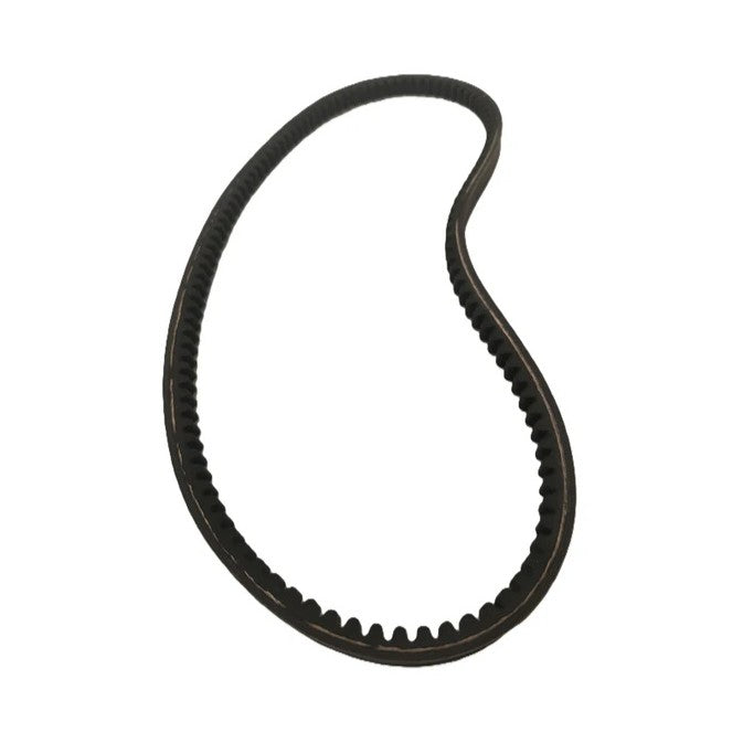 A Scintex black toothed drive belt for a Tow Behind Flail Mower is elegantly displayed in a loop shape against a pristine white background.