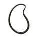 A Scintex black toothed drive belt for a Tow Behind Flail Mower is elegantly displayed in a loop shape against a pristine white background.