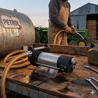 Outdoors, a person uses a yellow hose connected to a Gespasa Fuel Transfer Pump 45L/min. to fill equipment on a wooden table, with farming tools, a green tractor, and hay bales near a barn in the background.