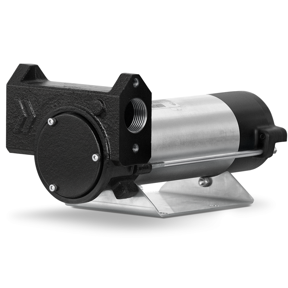 The Gespasa Diesel Transfer Pump 45L/min features a metallic cylindrical body, black front casing, and visible threaded inlet/outlet ports, all mounted on a metal base and shown against a plain white background.