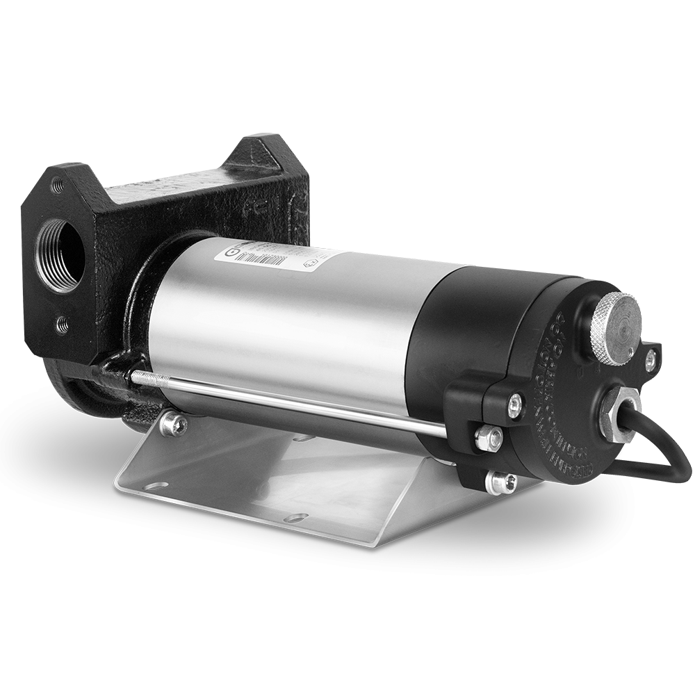 The Gespasa Diesel Transfer Pump 45L/min features a cylindrical stainless steel body with black end fittings, an attached mounting bracket, and a visible power cord, shown against a plain white background.