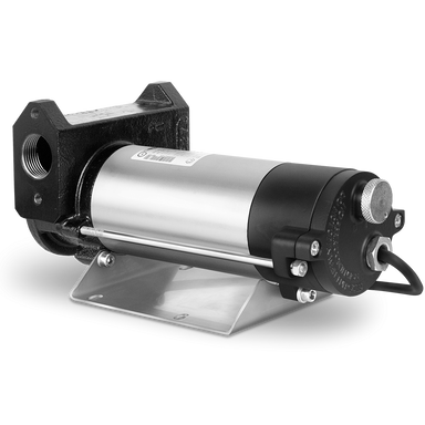 The Gespasa Diesel Transfer Pump 45L/min features a cylindrical stainless steel body with black end fittings, an attached mounting bracket, and a visible power cord, shown against a plain white background.