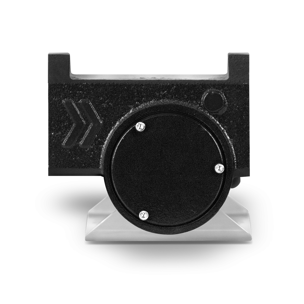 The Gespasa Diesel Transfer Pump 45L/min is a black, rectangular unit with a circular front and three screws, featuring arrow-like markings, mounted on a silver stand against a white background.