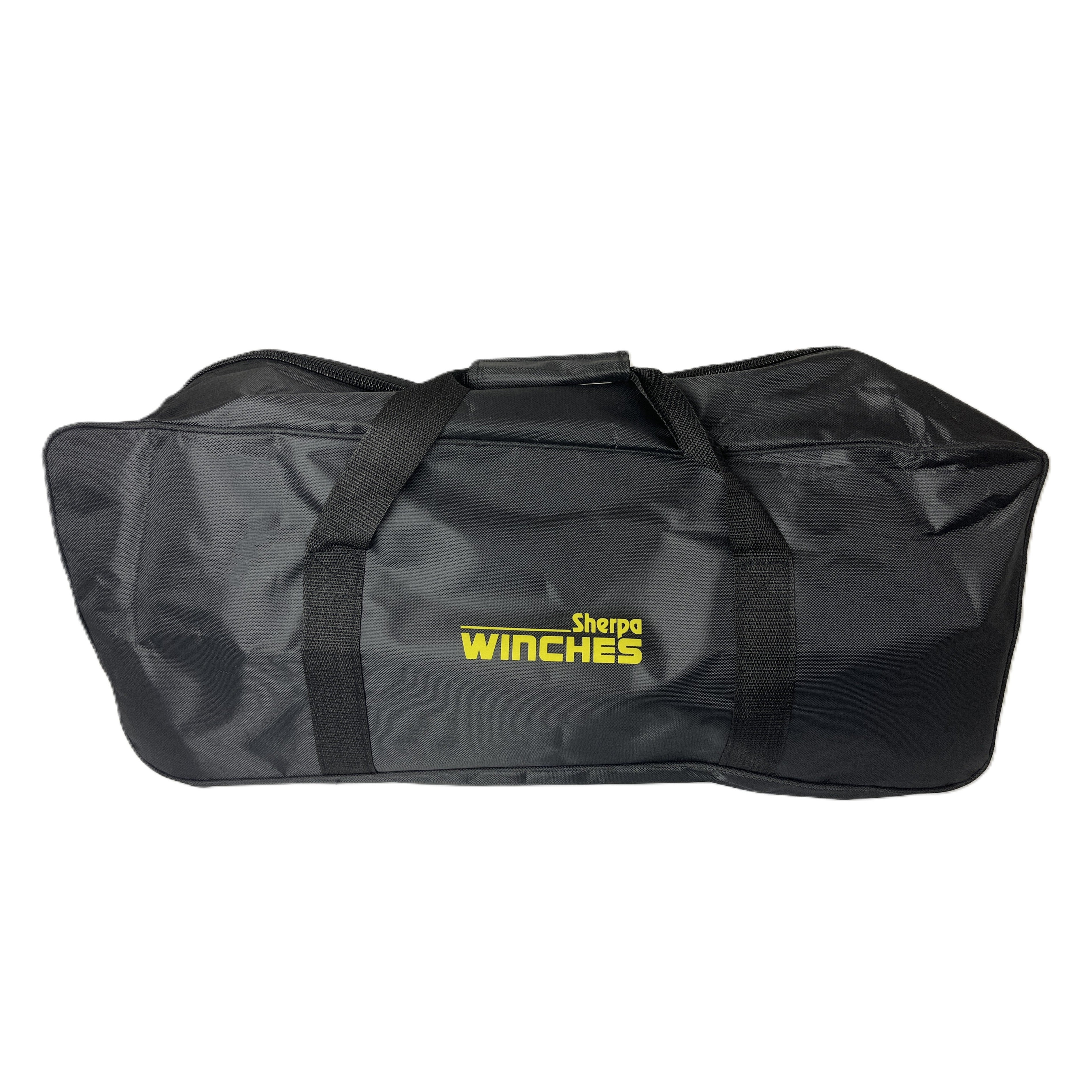 A black duffel bag with two handles and a zipper, featuring the yellow Sherpa 4x4 logo—ideal for storing Sherpa 4x4 Kinetic Recovery Ropes or snatch straps.