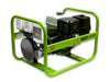 The Pramac MES 8000 Generator features a green metal frame, black Honda GX 390 engine, white fuel tank, brushless alternator, and side-mounted electrical outlets.