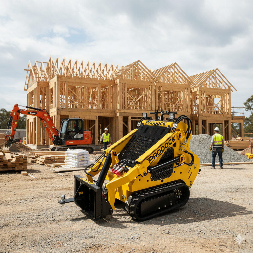 A Paddock Multi Hitch Jib Plate is fitted to a yellow compact track loader at a construction site with a wooden-framed house under construction. Construction workers and an orange excavator are also on site.