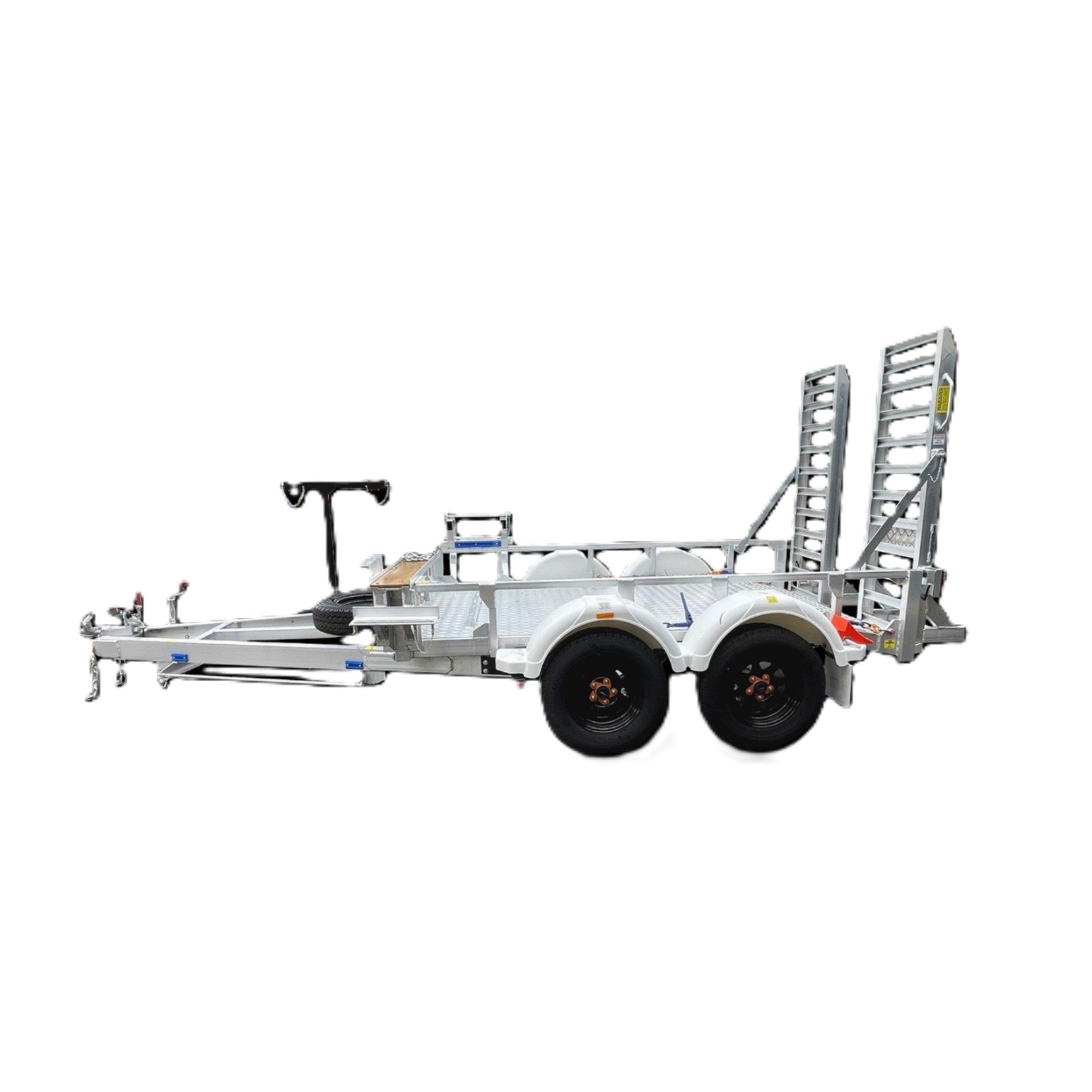 The Paddock Mini Loader & Excavator Alloy Equipment Trailer is a silver dual-axle model with two rear loading ramps, designed for transporting vehicles or equipment. This Australian-made trailer is shown isolated on a white background.