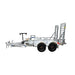 The Paddock Mini Loader & Excavator Alloy Equipment Trailer is a silver dual-axle model with two rear loading ramps, designed for transporting vehicles or equipment. This Australian-made trailer is shown isolated on a white background.