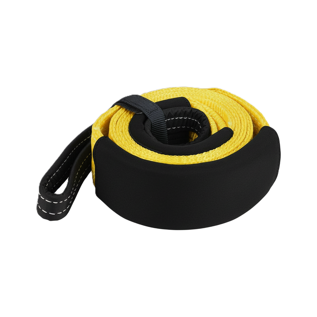A yellow Sherpa 4x4 Winch Extension / Tow Straps 75mm - 15,900KG (35,500lb) coiled in a circle with a black protective sleeve and a stitched eyelet.
