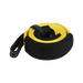 A yellow Sherpa 4x4 Winch Extension / Tow Straps 75mm - 15,900KG (35,500lb) coiled in a circle with a black protective sleeve and a stitched eyelet.