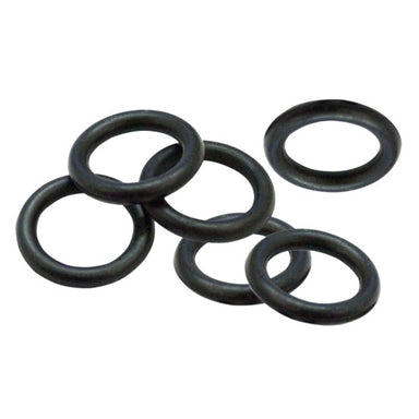 Six black rubber Scintex Air Diaphragm Pump Air O-Rings (Set of 6) are arranged in a scattered pile on a white background.