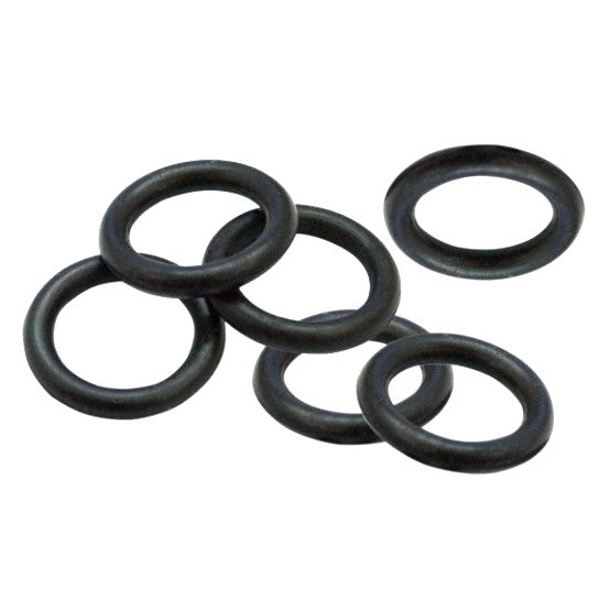 Six black rubber Scintex Air Diaphragm Pump Air O-Rings (Set of 6) are arranged in a scattered pile on a white background.