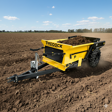 A yellow Paddock Manure Spreader by Paddock is towed behind a tractor, spreading soil across a freshly plowed field under a blue sky with scattered clouds. Trees are visible on the horizon in the background.