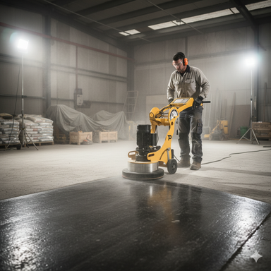 A worker with ear protection operates a yellow Paddock Concrete Floor Grinder by Paddock on a concrete floor inside a large industrial warehouse with construction materials and equipment in the background.