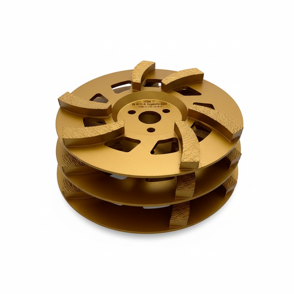A set of three gold Paddock diamond grinding wheels with central holes, included in the Paddock Concrete Floor Grinder, Industrial Vacuum Cleaner Dust Extractor & 3x FREE Discs Bundle by Paddock, shown on a white background.