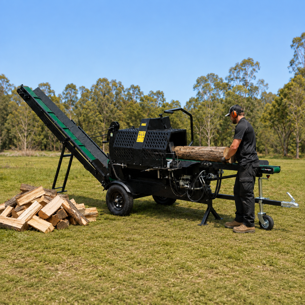 A person wearing ear protection feeds a log into a Paddock™ 15T Firewood Processing Machine, which uses an attached conveyor belt to stack split wood on the grass.