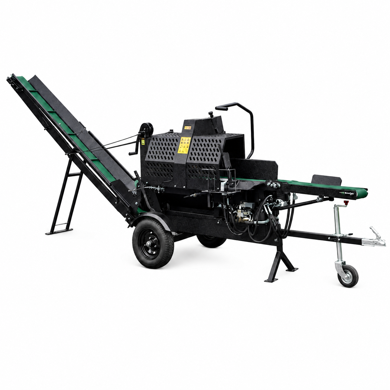 Paddock™ 15T Firewood Processing Machine on a towable trailer with an attached conveyor belt and hydraulic log splitter.