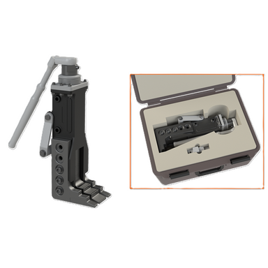 The Petol POP-IT Tool, a metal crimping tool with a long handle, is shown next to its open carrying case. The case securely holds the POP-IT Tool and accessories, such as a flange spreading tool, in custom foam compartments.