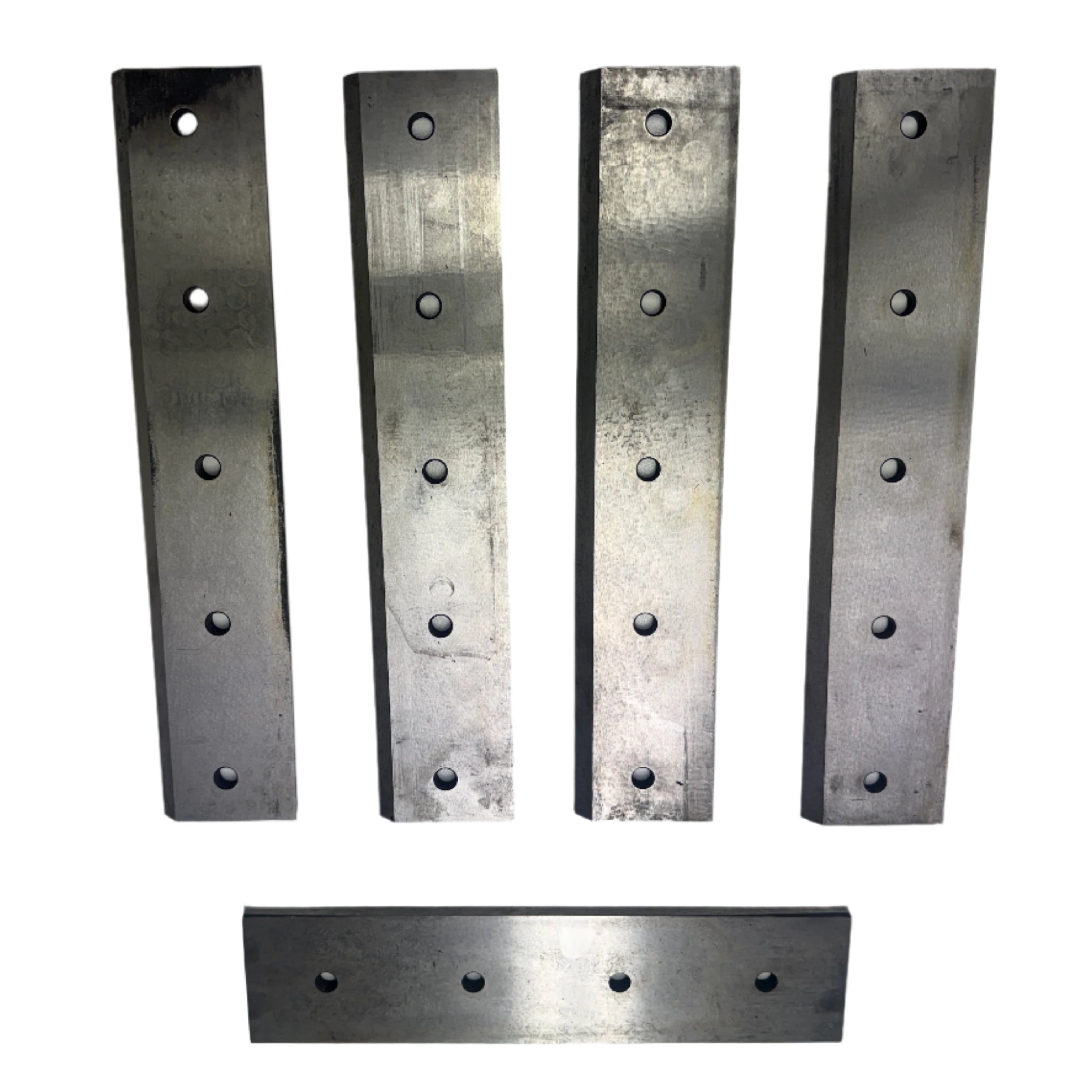 Five Paddock Chipper Blades (suits PHDPTOCHIP) are shown on a white background, with four standing upright in a row and one placed horizontally below them; all feature evenly spaced holes and the Paddock brand’s heavy-duty design.