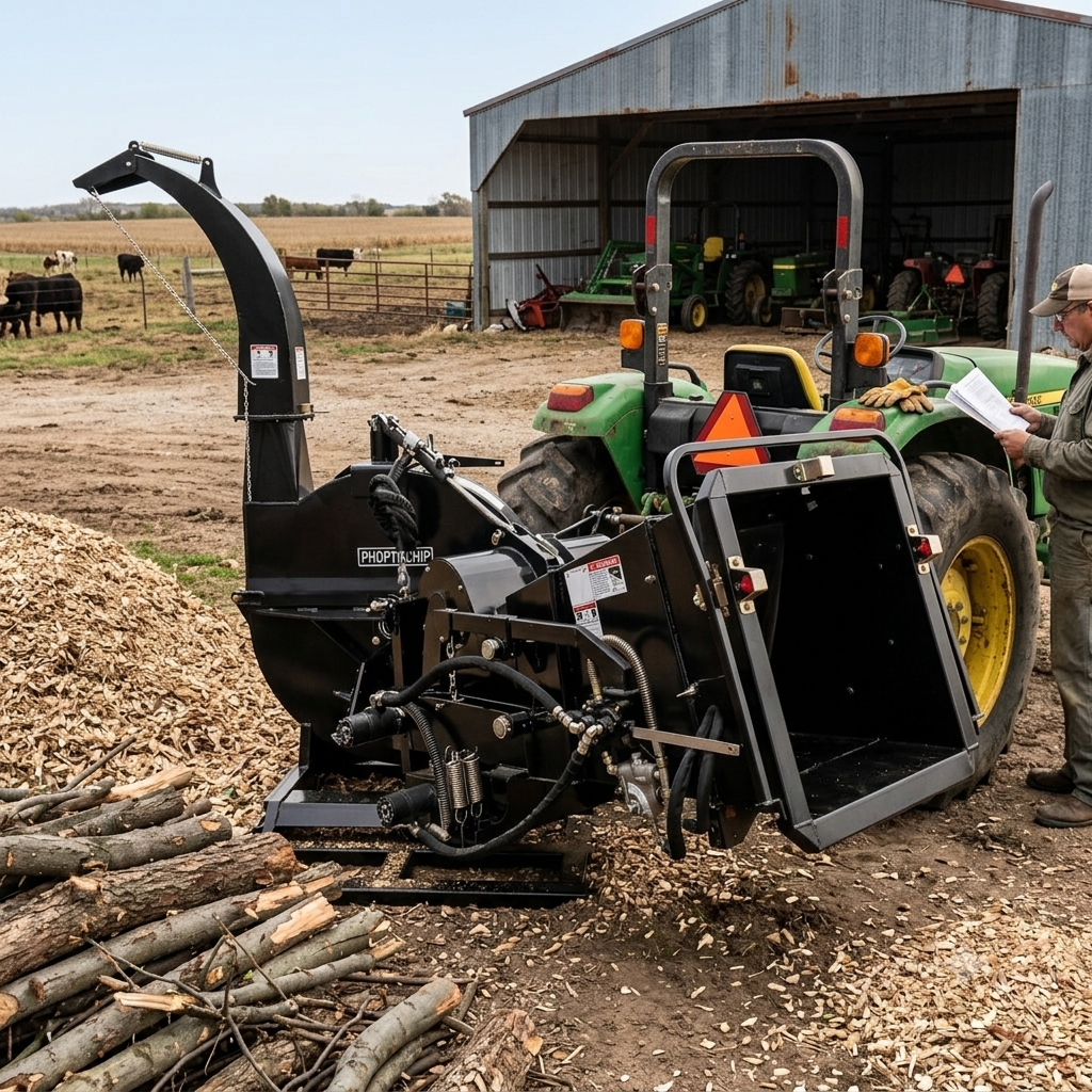 A Paddock Tractor PTO Driven Wood Chipper by Paddock processes branches into wood chips near a barn. A person holding papers stands nearby, with cows grazing in a fenced pasture in the background.