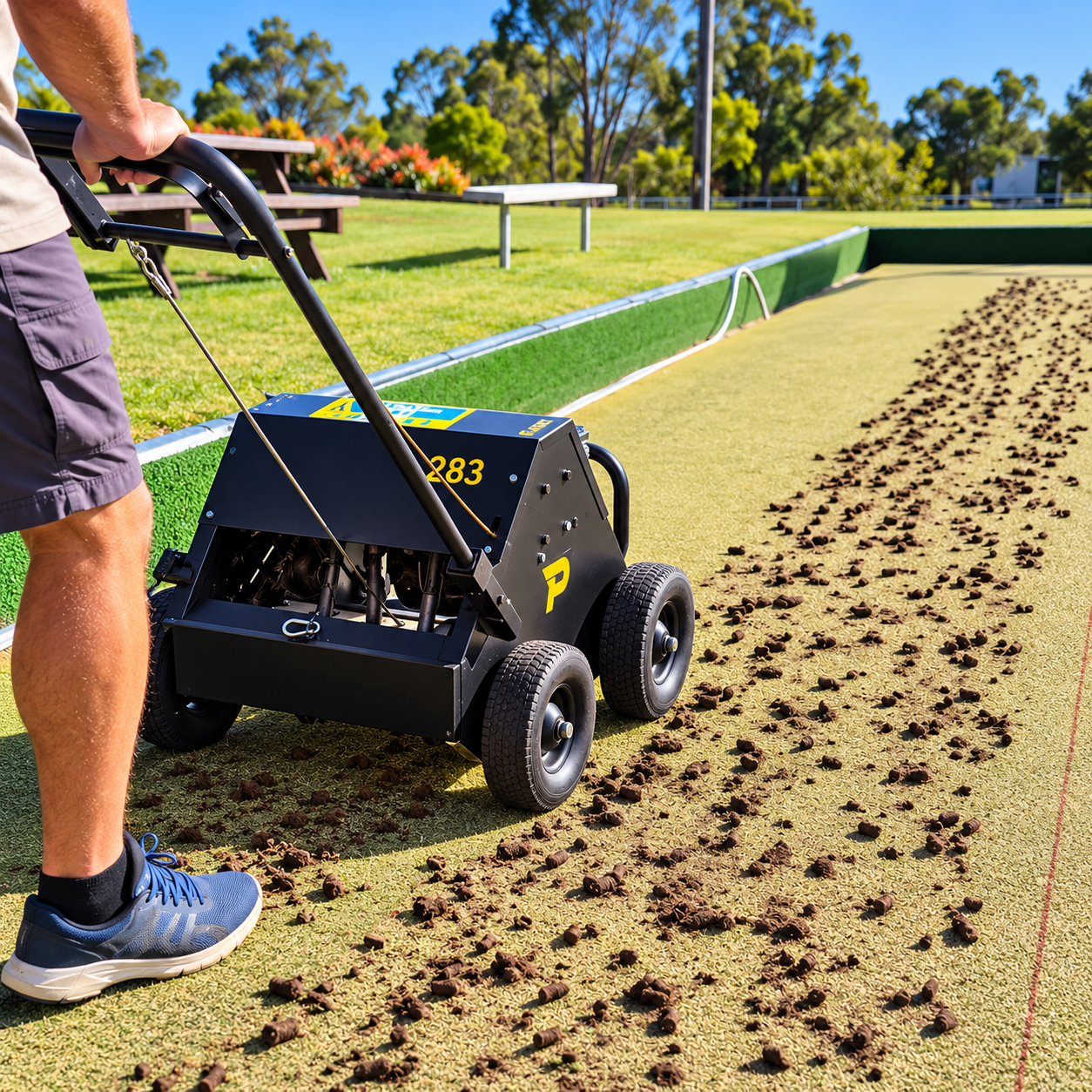 A person pushes a Paddock Motorised Lawn Aerator - Honda GX160 across a green turf surface, performing core aeration as it leaves small plugs of soil behind the machine.