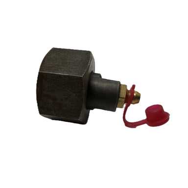 A Paddock spare part, this metal hex fitting with brass nozzle and red cap suits the Grease Nipple Kit for SWHEL2000, STRKL2000, PPMLTRACK, and PPMLWHEEL—ideal for easy maintenance.