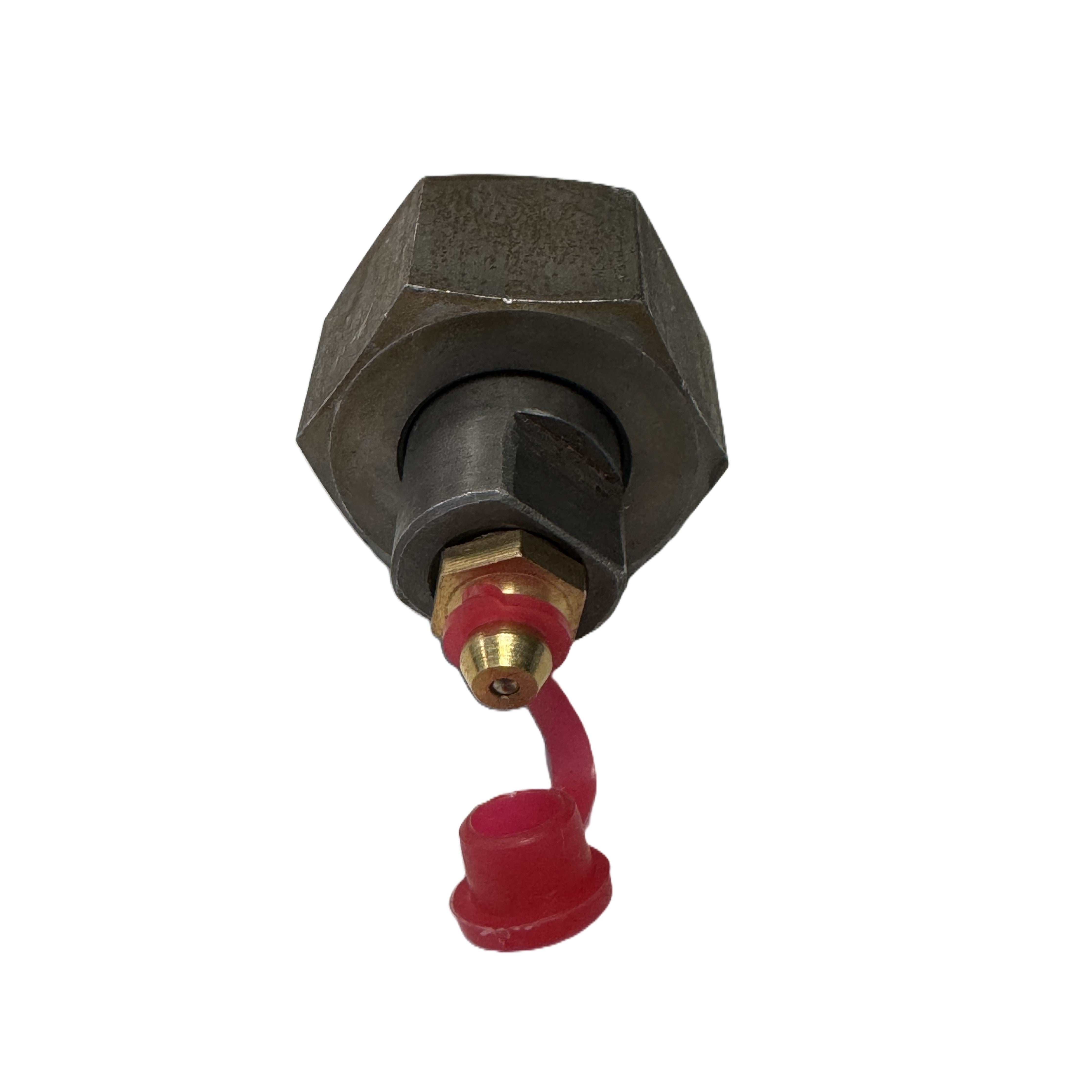 A metal hexagonal fitting with a brass nozzle and red protective cap, ideal as a Paddock spare or for use in the Grease Nipple Kit to suit SWHEL2000, STRKL2000, PPMLTRACK, and PPMLWHEEL.