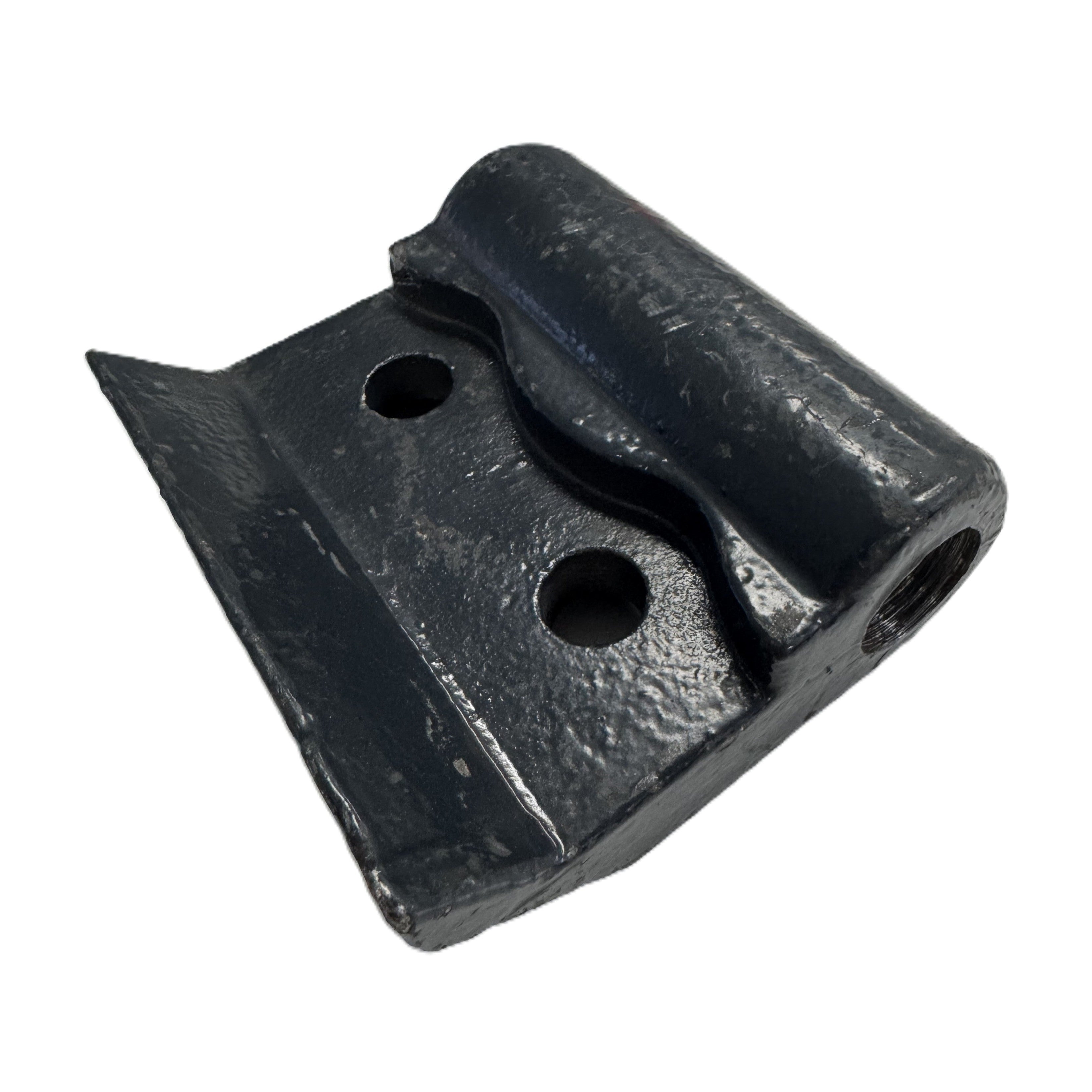 A black metal Scintex Tractor PTO Forestry Mulcher Tooth with two round holes and a wavy center, displayed at an angle on white—perfect as a replacement part for forestry mulchers.