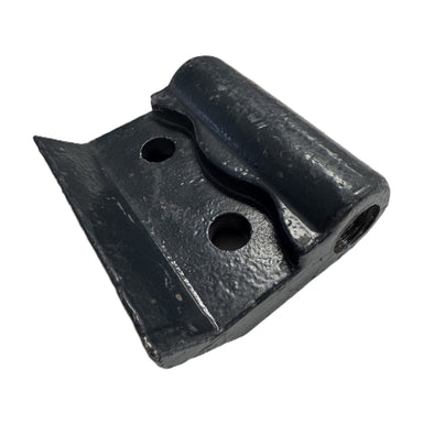 A black metal Scintex Tractor PTO Forestry Mulcher Tooth with two round holes and a wavy center, displayed at an angle on white—perfect as a replacement part for forestry mulchers.