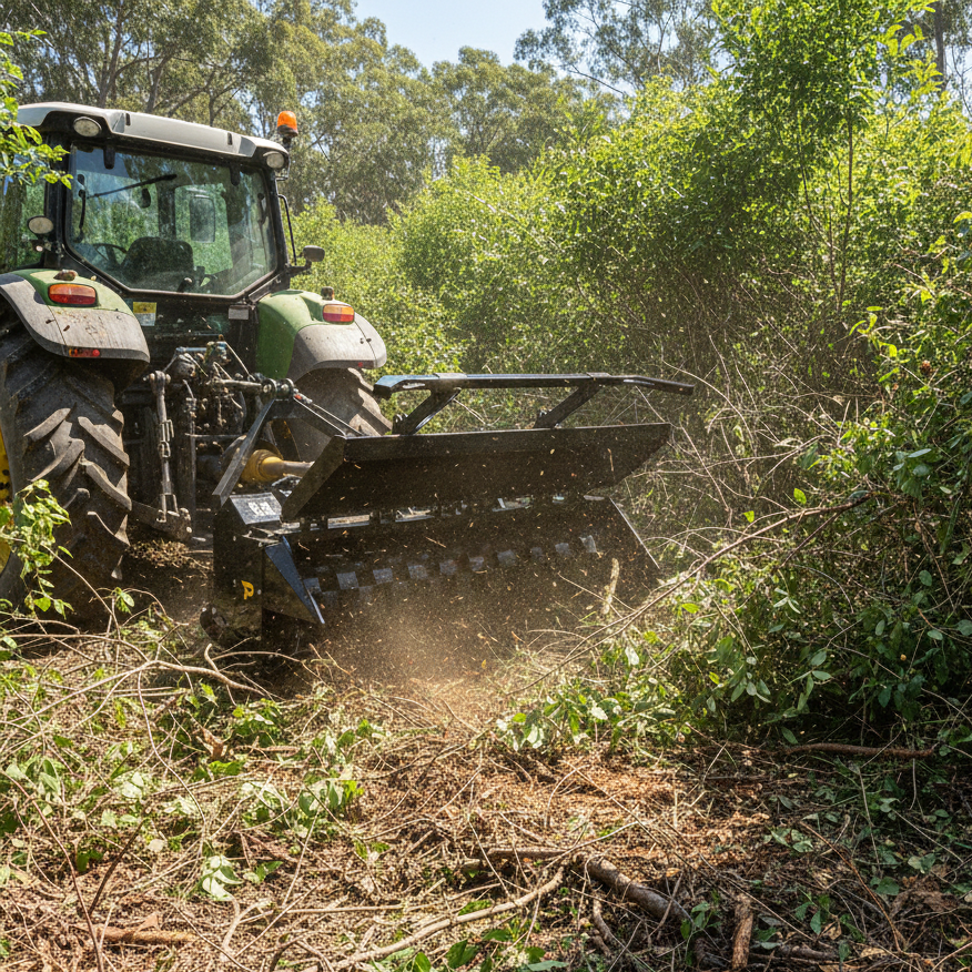 The Paddock Tractor PTO Forestry Mulcher by Paddock makes forest brush clearing quick and effective, delivering efficient performance when used with a compatible tractor.