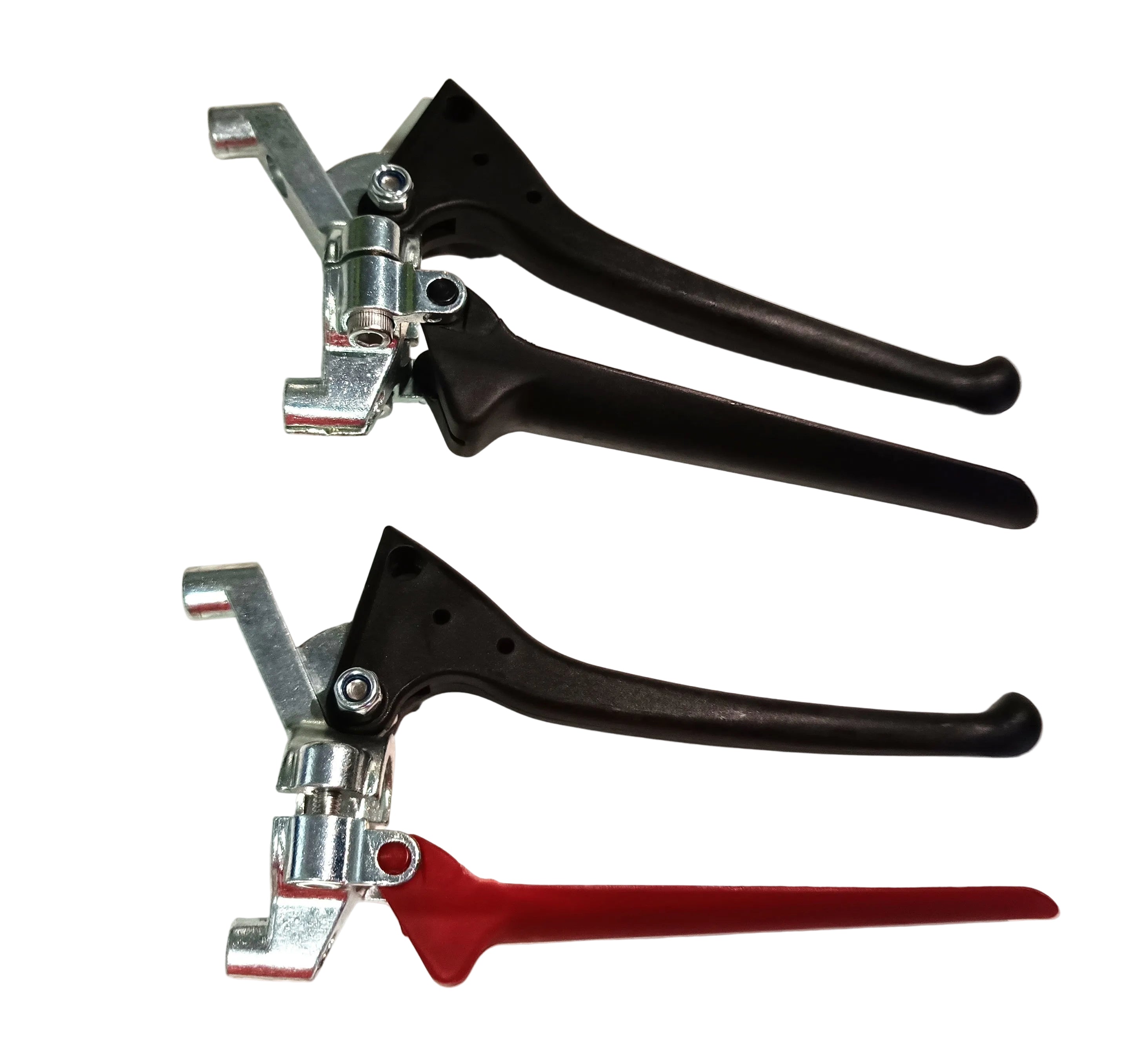 Two Paddock Power Barrow Handles, constructed from metal and plastic, are displayed on a white surface—one with a black grip and the other with a red grip. Designed for use with the Paddock SPBBS300 Power Barrow, both handles feature durable metal components and are positioned parallel to each other.