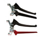 Two Paddock Power Barrow Handles, constructed from metal and plastic, are displayed on a white surface—one with a black grip and the other with a red grip. Designed for use with the Paddock SPBBS300 Power Barrow, both handles feature durable metal components and are positioned parallel to each other.