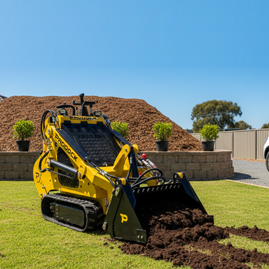 A Paddock Tracked Mini Loader with a 23hp Honda petrol engine moves soil over grass in a backyard, with a large mulch pile and potted plants visible under a clear blue sky.