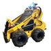 The Paddock Wheeled Mini Loader, featuring a 23hp Honda petrol engine, is a compact commercial machine in yellow with four black tires, hydraulic parts, and control handles—ideal for construction and landscaping—shown isolated on white.