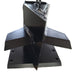 The Paddock Cross Splitter for Tractor 3pt Mount Log Splitter by Paddock is a black metal attachment with a four-way splitting blade, vertical triangular edge, stabilizing fins, and a flat base with four mounting holes, shown at an angle.