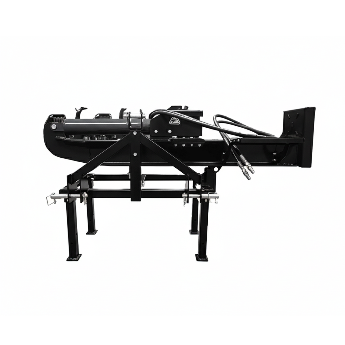 The Paddock Tractor 3pt Mount Log Splitter by Paddock is a black metal industrial attachment with hydraulic hoses and four support legs, designed for mounting on heavy machinery as a dual-action log splitter, shown against a white background.